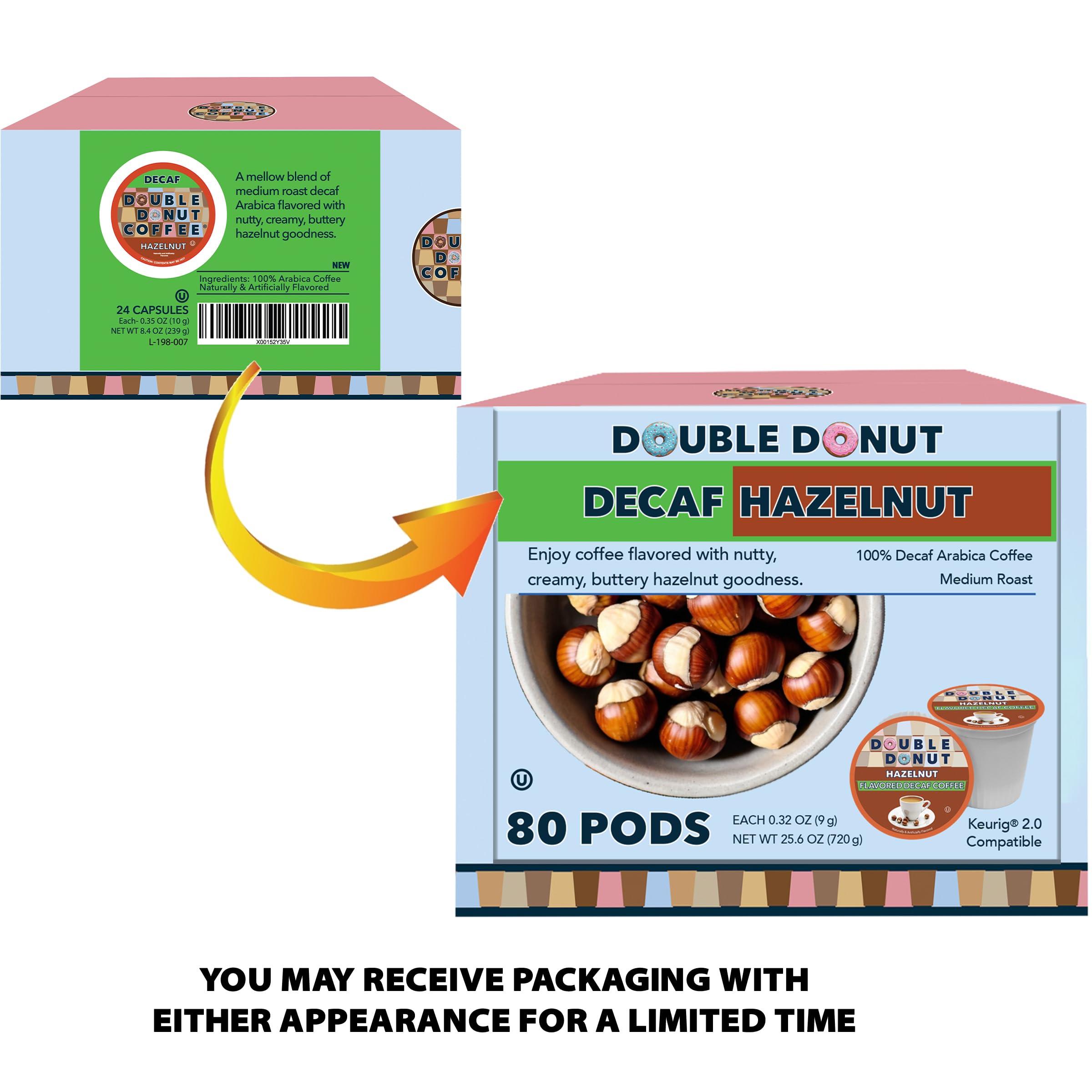 Double Donut Decaf Hazelnut, sugar-free option with full aroma for decaf lovers.