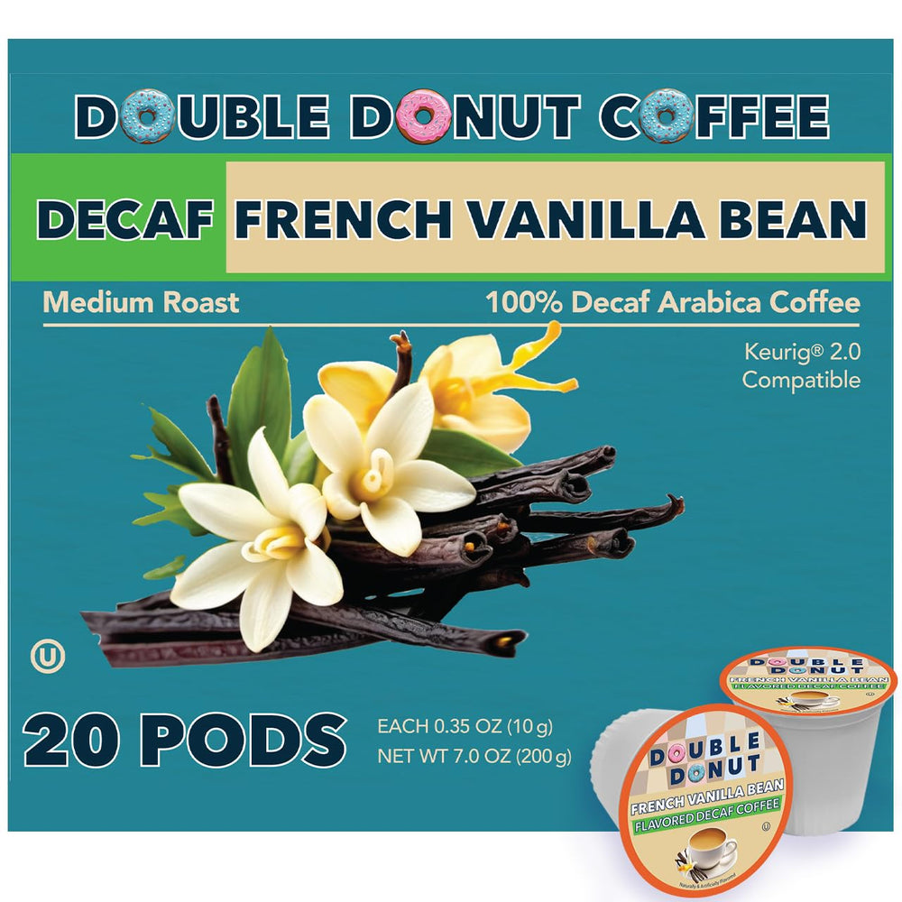 Double Donut Coffee decaf vanilla bean pods packaging shown, highlighting recyclable material for eco-friendly homes.