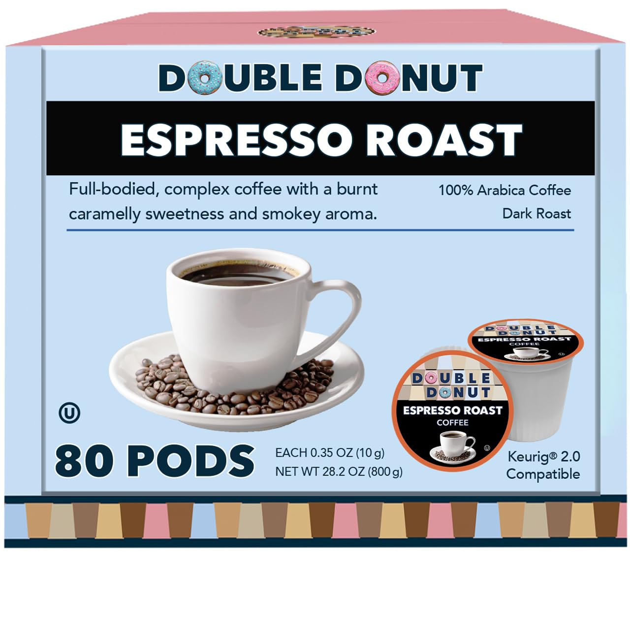 Double Donut Coffee espresso roast pods 80-pack on shelf, convenient bulk purchase for offices.