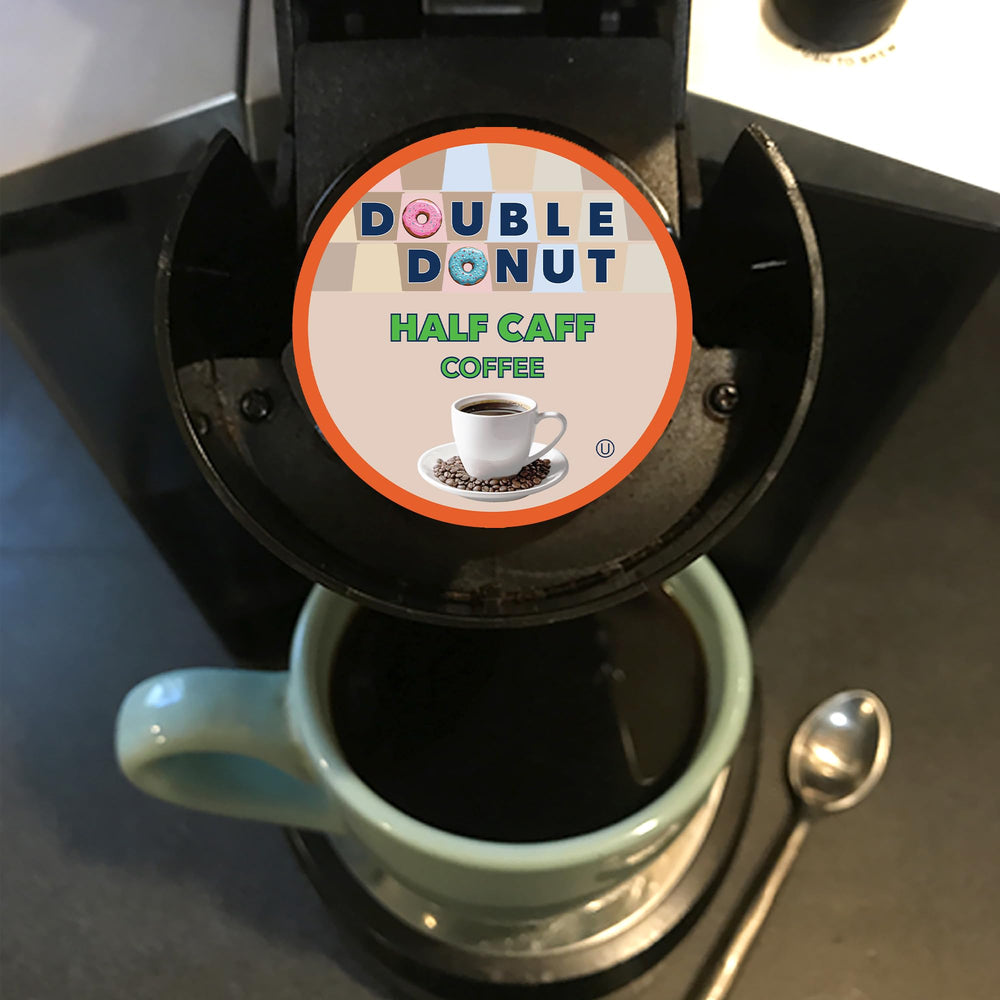 Double Donut Coffee half-caff pods 24-count box noting value and convenience
