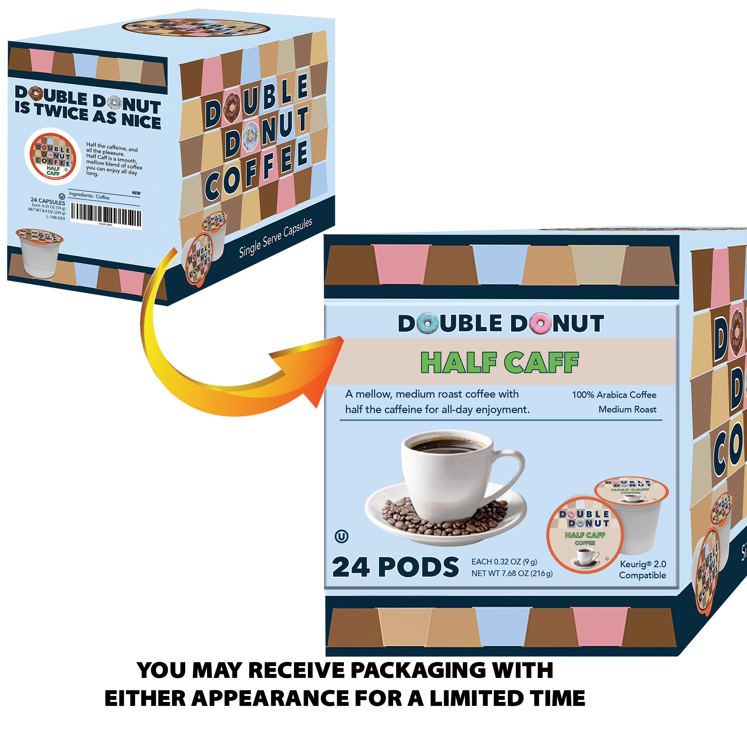 Double Donut Coffee half-caff pods featuring 100% Arabica beans for clean flavor