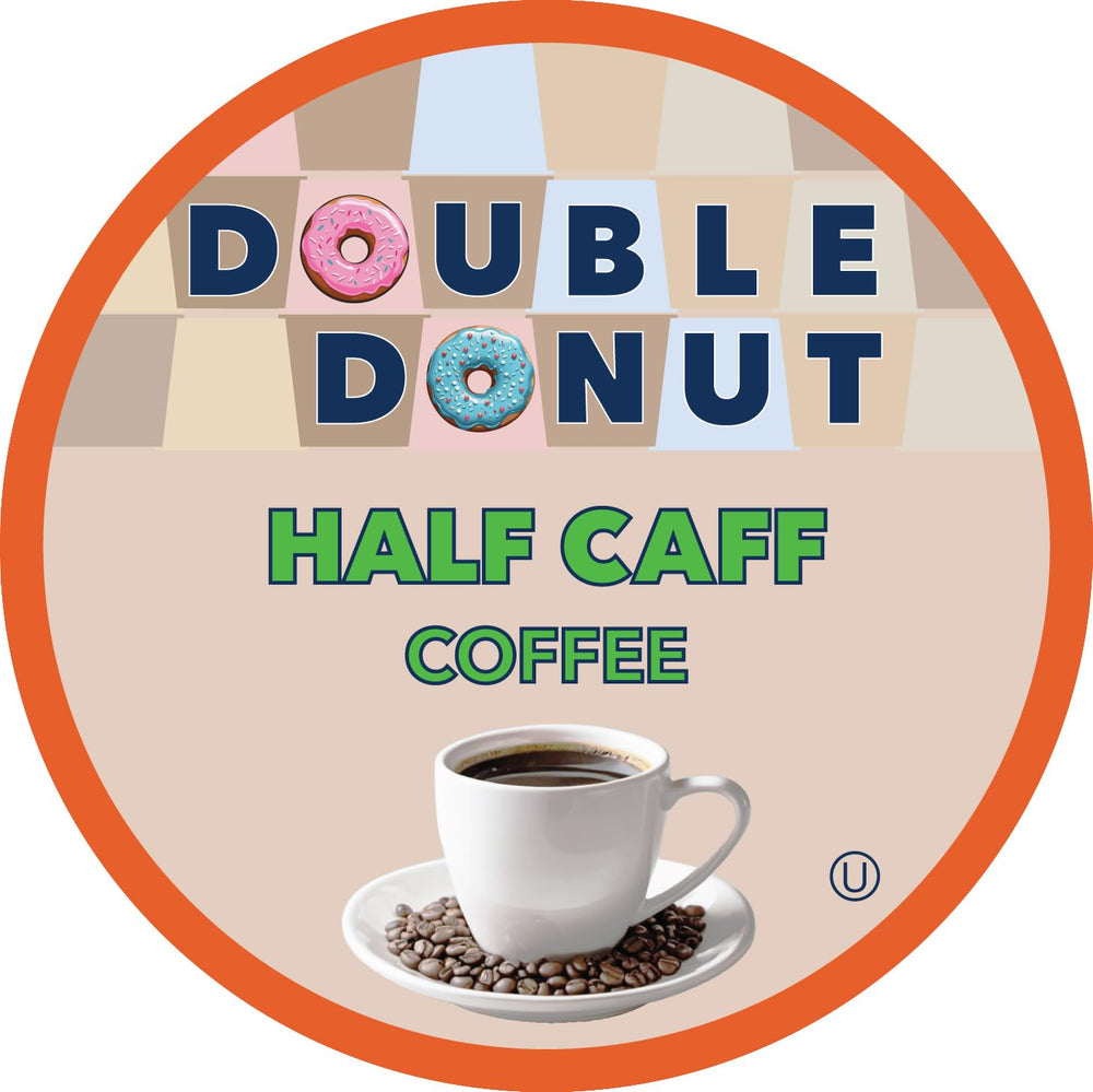 Double Donut Coffee half-caff pods near Keurig brewer highlighting quick, controlled caffeine options