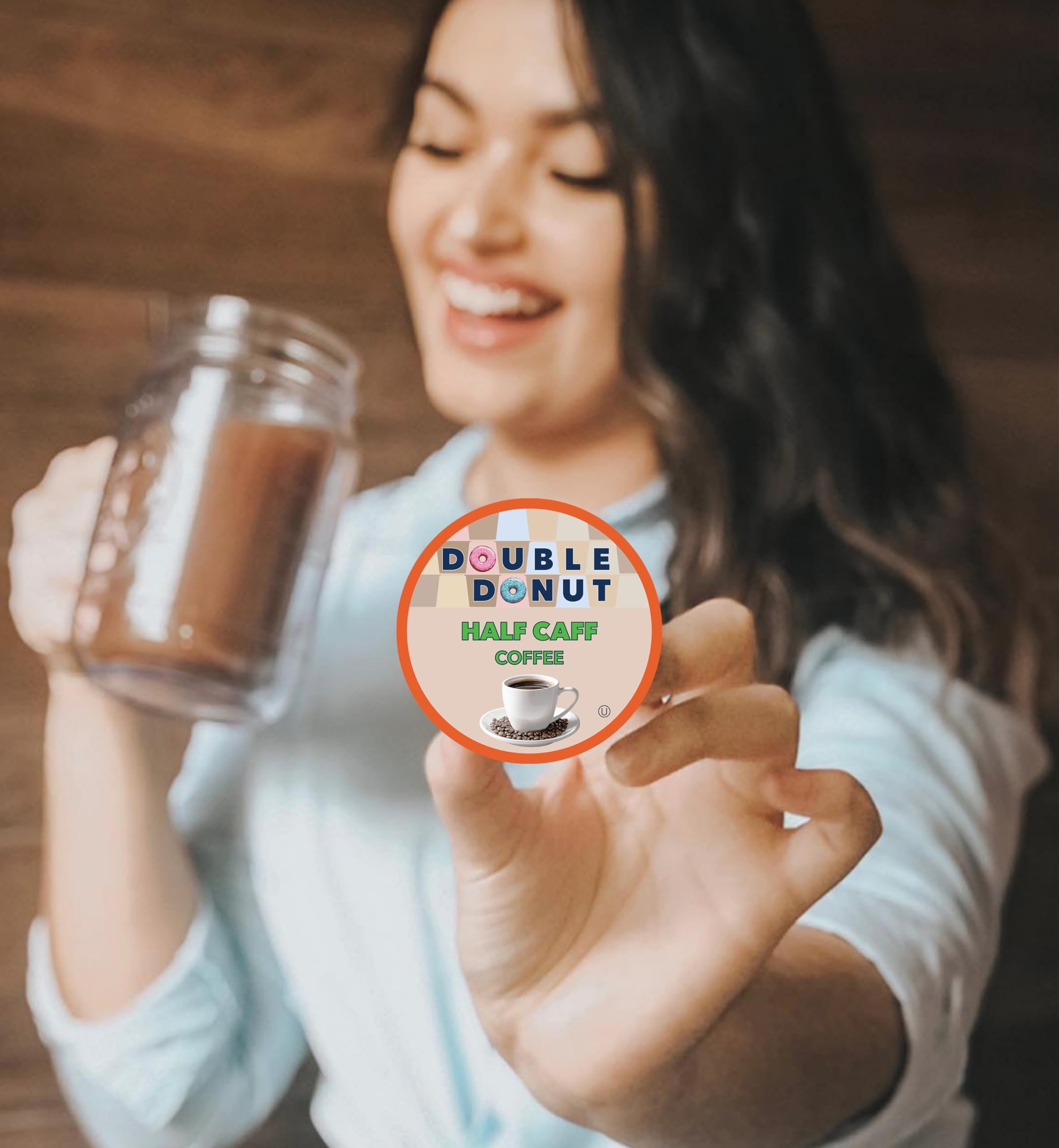 Double Donut Coffee half caf pod in a Keurig brewer for a balanced cup.