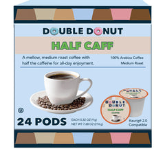 Double Donut Coffee half-caff pods packshot showing convenient recyclable packaging for everyday brews