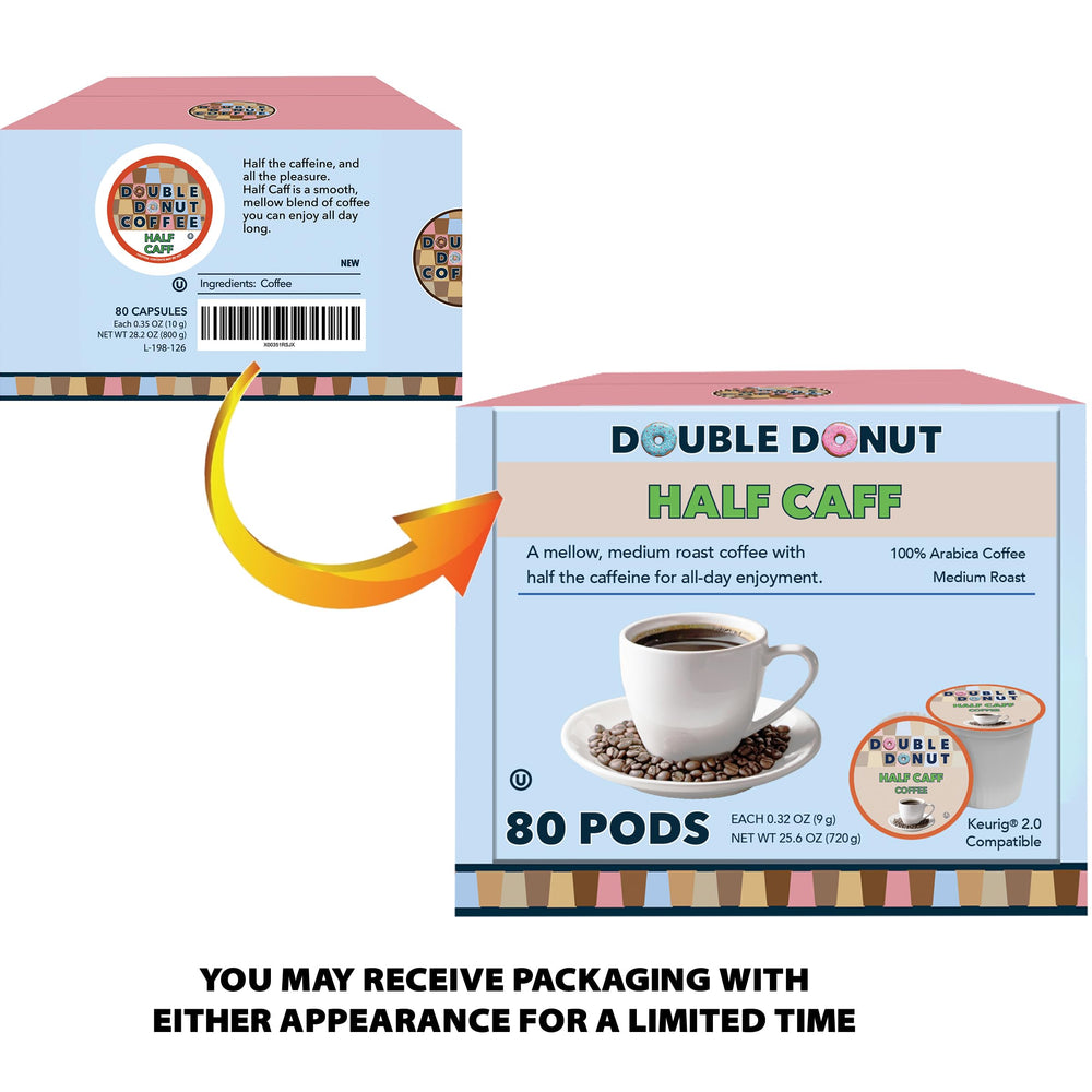 Double Donut Coffee half caf pod labeled vegan and kosher-friendly.
