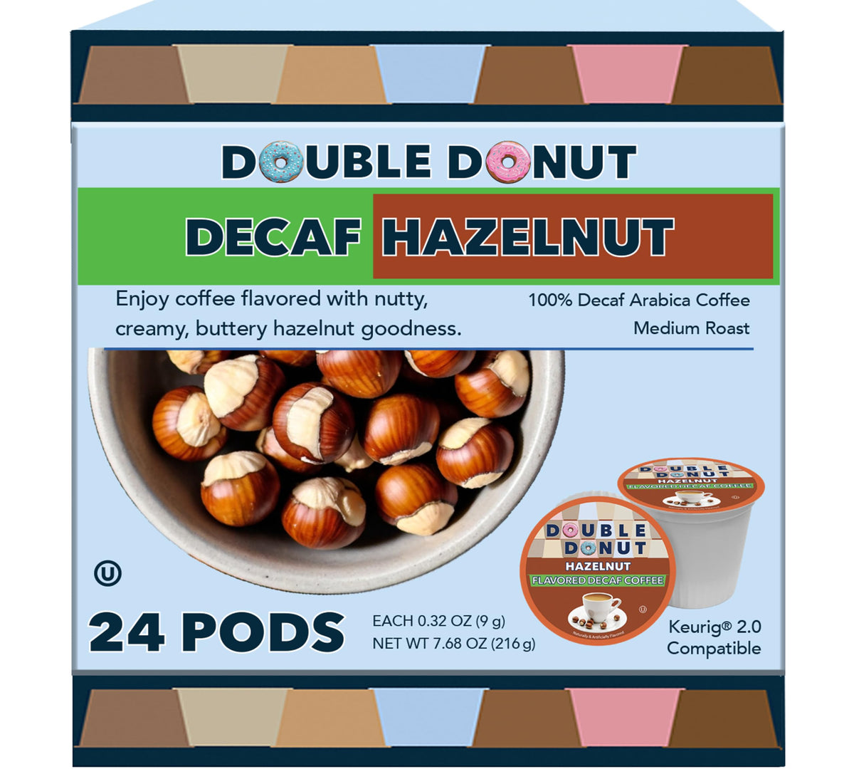 Double Donut Coffee hazelnut decaf pods 24-pack for easy home brewing.