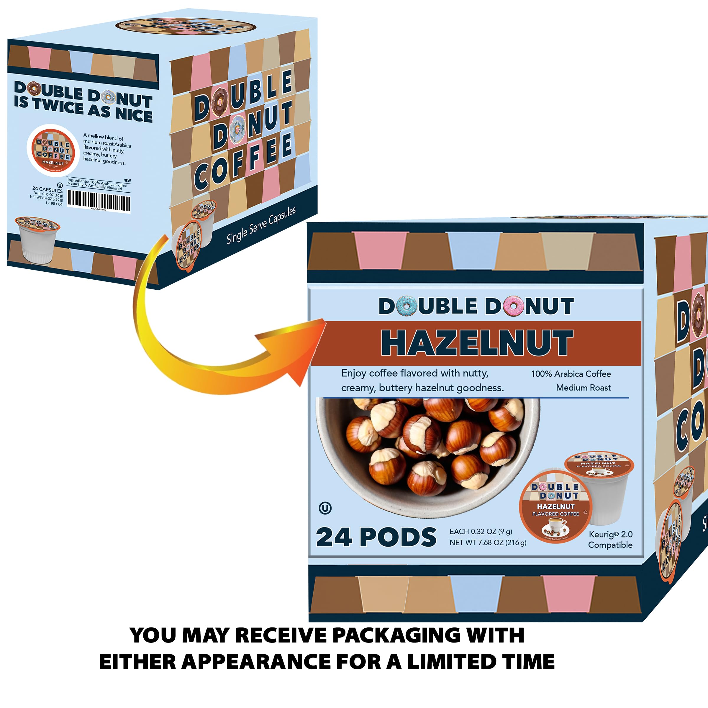 Double Donut Hazelnut packaging box displaying 24-count cups.