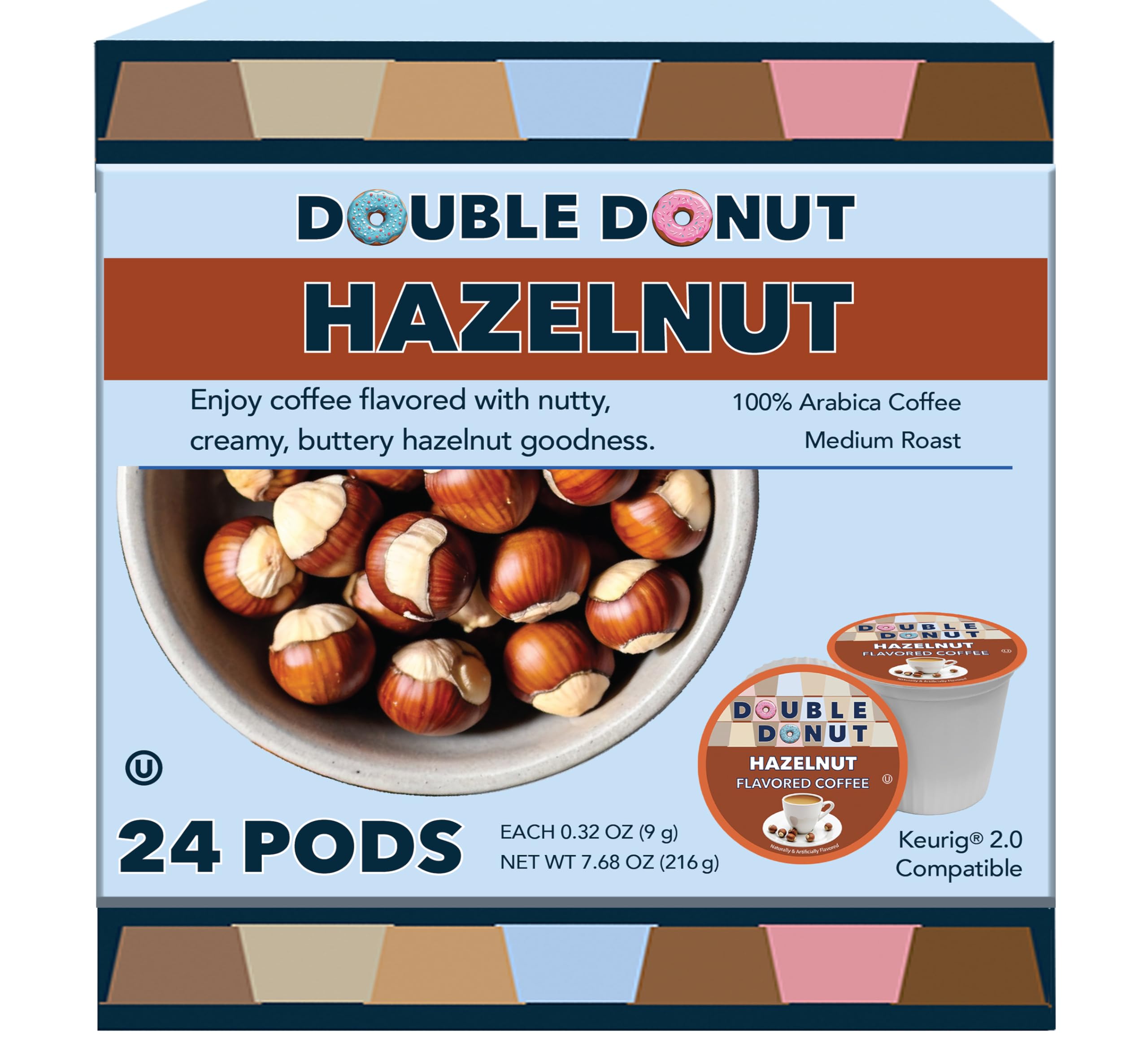 Double Donut Hazelnut pods pack front, recyclable single-serve convenience.