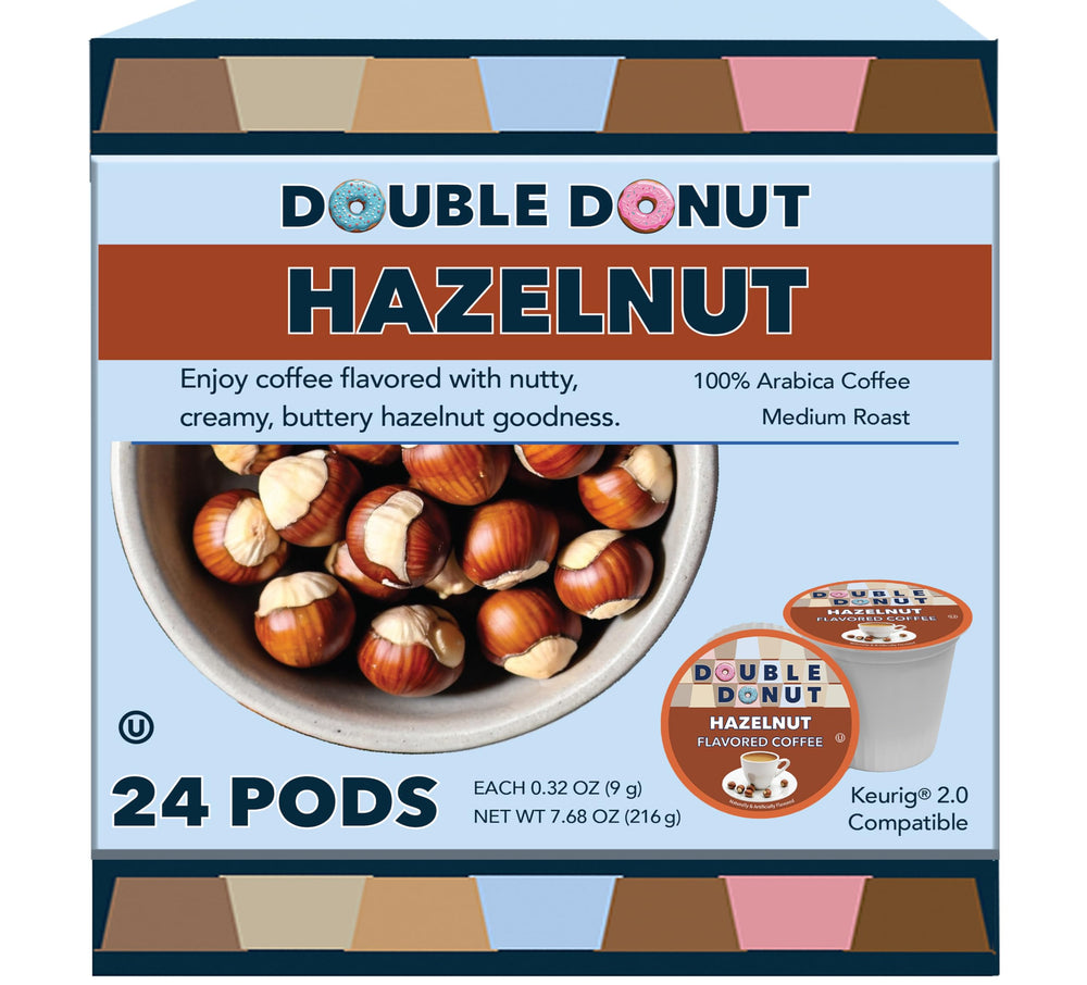Double Donut Hazelnut pods pack front, recyclable single-serve convenience.