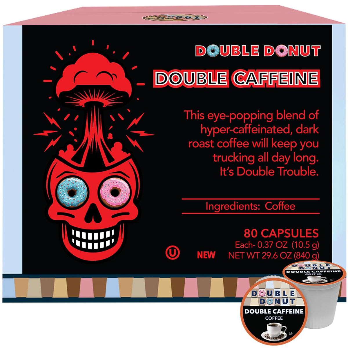 Double Donut Coffee high-caffeine pods in packaging for bold morning energy boost