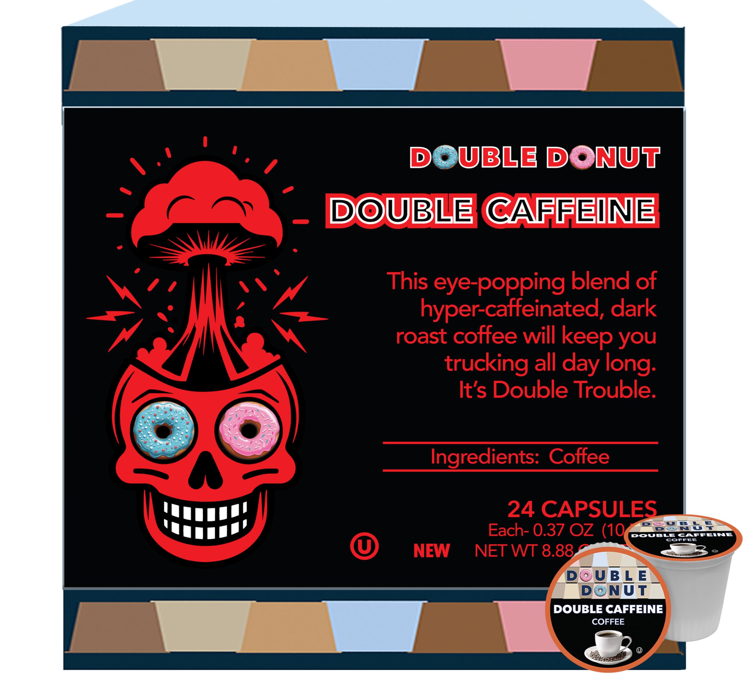 Double Donut Coffee high caffeine pods packaging for quick energy before work.