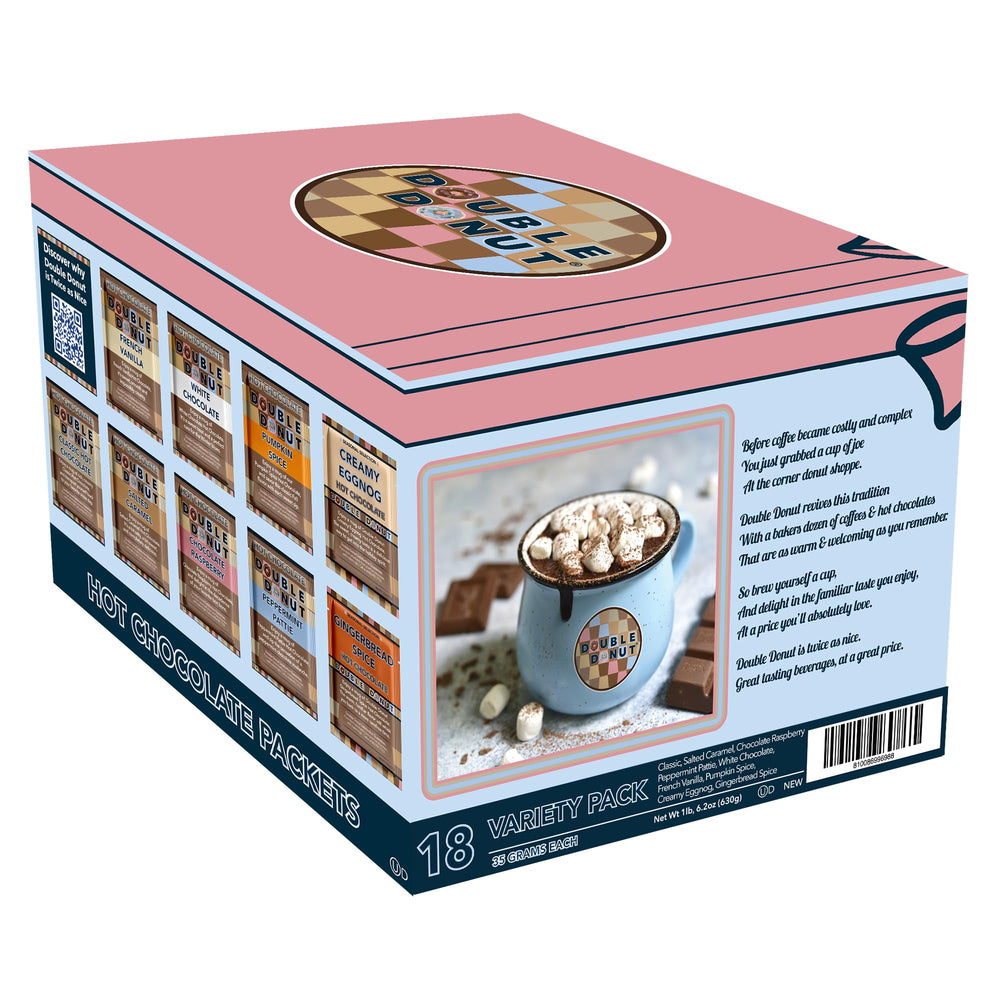 Double Donut Coffee hot chocolate packets with marshmallows and toppings.