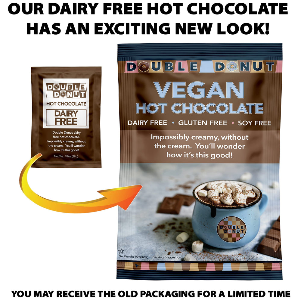 Double Donut Coffee hot chocolate packets stacked, showcasing 30-count convenient pack.