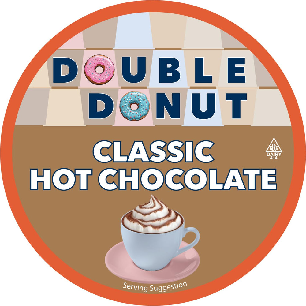 Keurig-compatible Double Donut pods brewing rich cocoa in minutes.