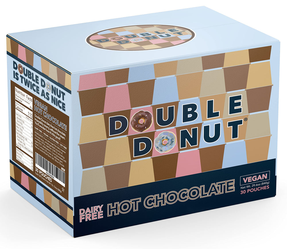 Double Donut Coffee plant-based hot chocolate packaging in box, portable and mess-free.