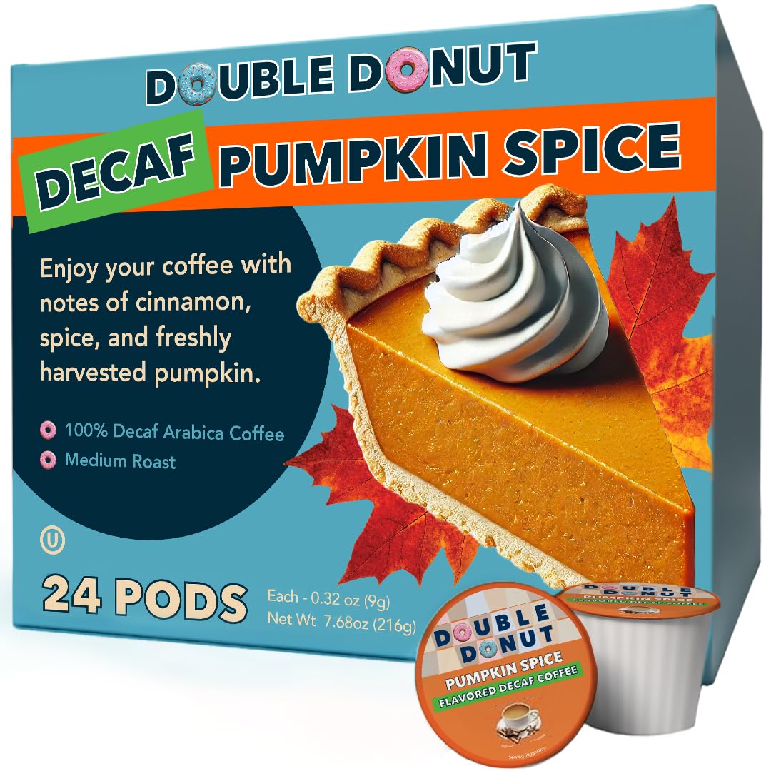 Double Donut Coffee pumpkin spice decaf pod front label highlights flavor.