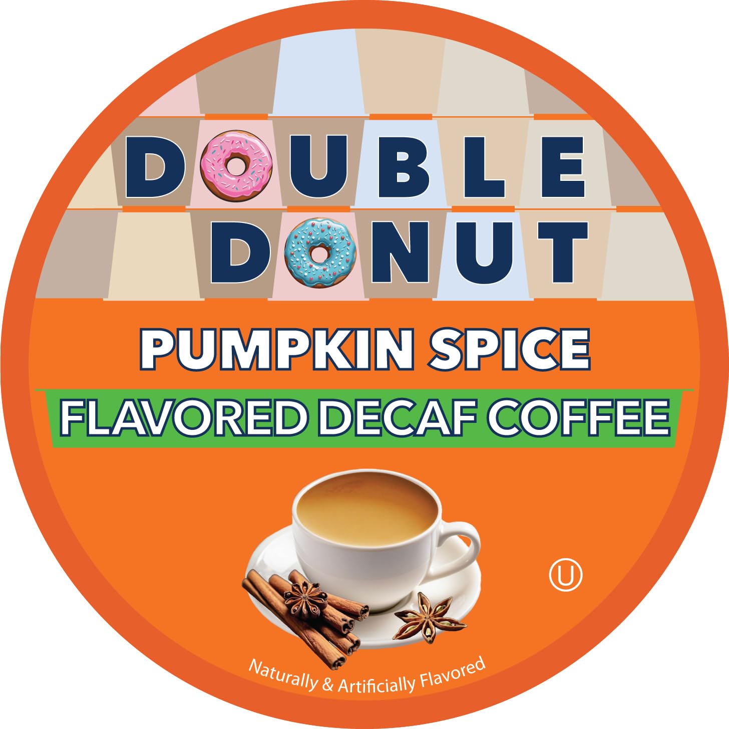 Double Donut Coffee pumpkin spice decaf pod packaging shows recyclable materials.