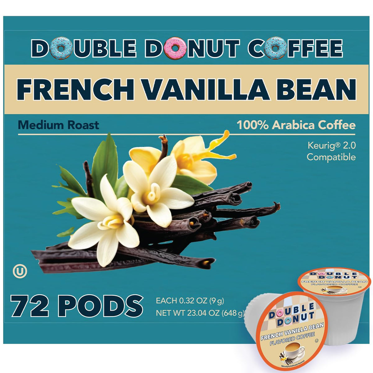 Double Donut Coffee Vanilla Bean capsules for Keurig, rich aroma and smooth finish.