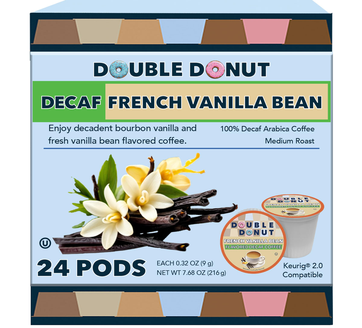 Double Donut Decaf French Vanilla pod beside a steaming cup for a mellow morning.