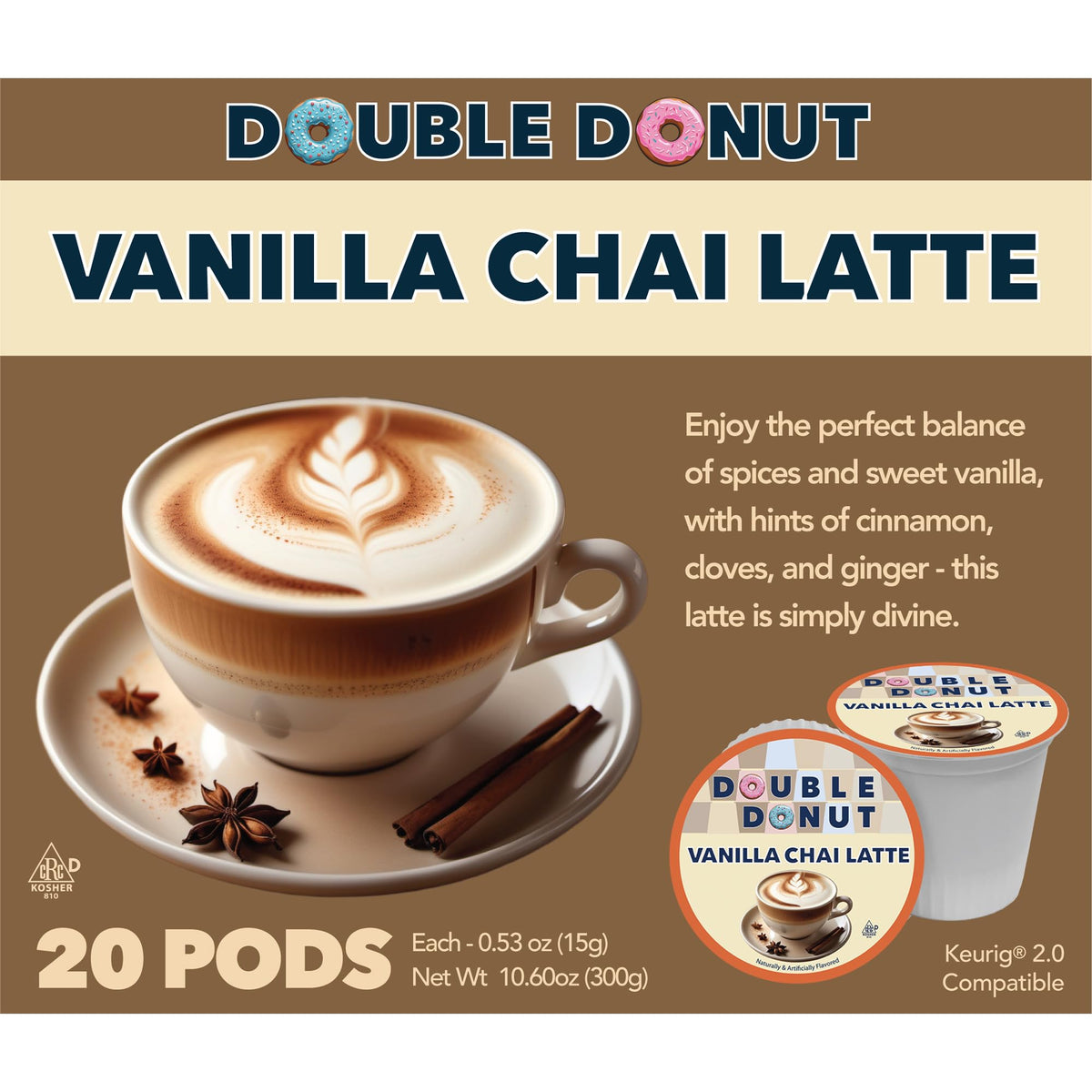 Double Donut Vanilla Chai Latte Pods pack front view for cozy mornings