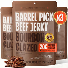 Double Neat Bourbon Glazed Beef Jerky 2oz portion—protein-rich on-the-go snack.