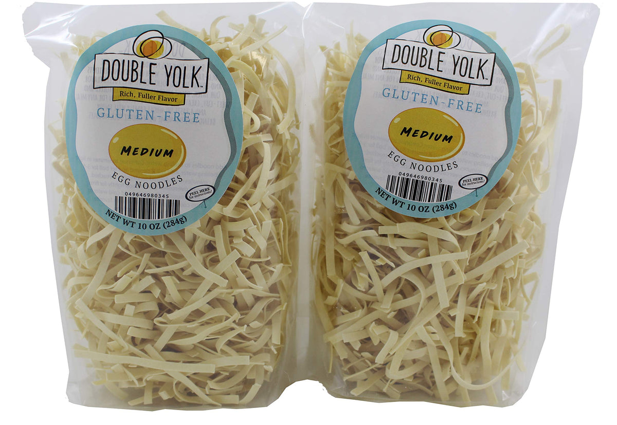 Double Yolk gluten-free medium egg noodles pack, versatile for quick weeknight meals.