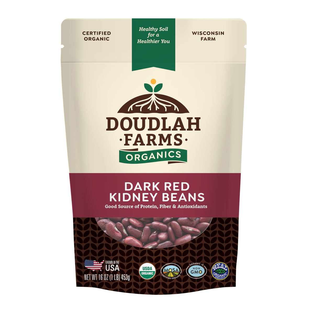 Doudlah Farms organic dried dark red kidney beans in packaging, ideal pantry staple.