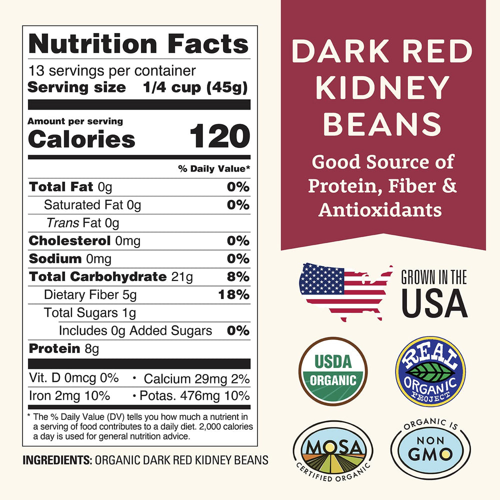 Doudlah Farms organic dried kidney beans close-up label showing organic quality.
