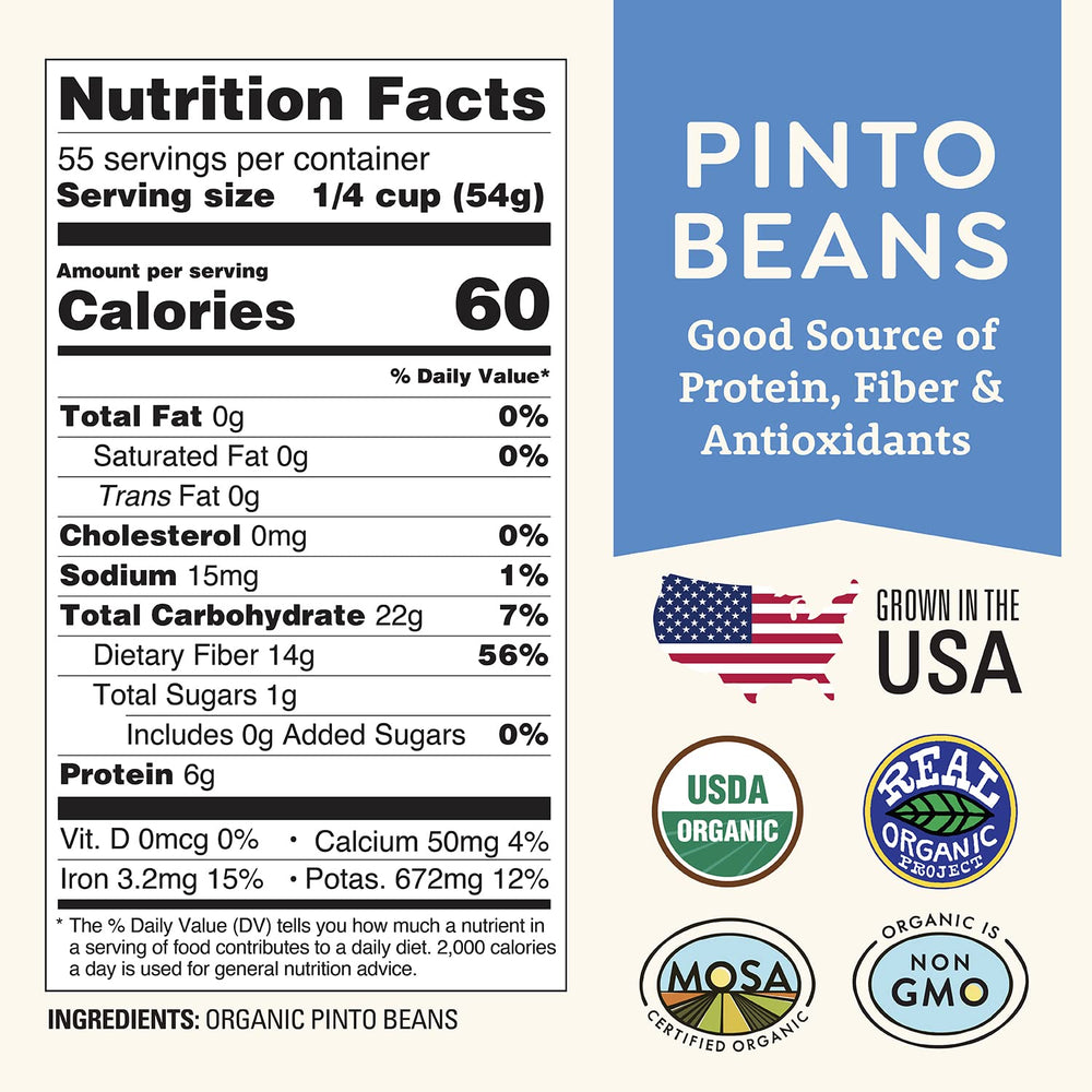 Doudlah Farms Organic Pinto Beans 5 lb back label, highlights certifications and clean farming.