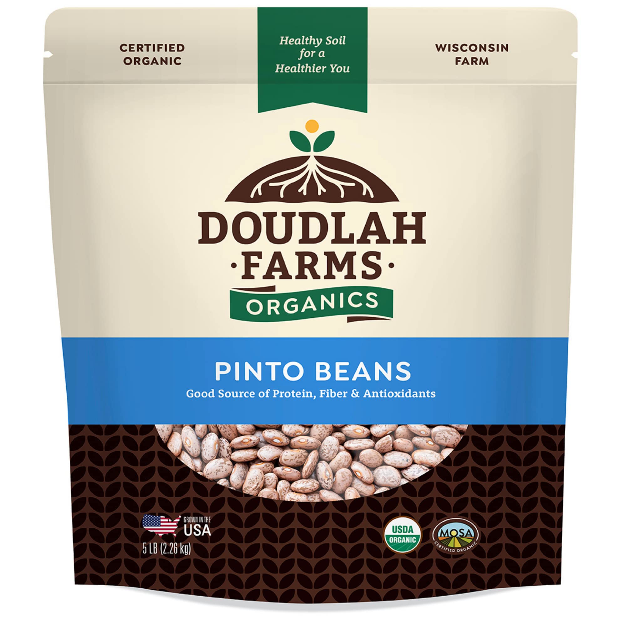 Doudlah Farms Organic Pinto Beans 5 lb front packaging, perfect for soups and burritos.