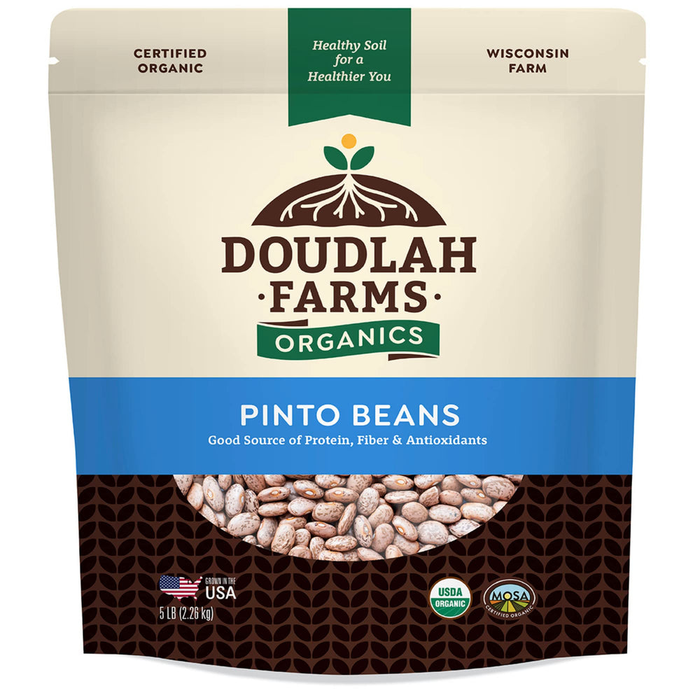 Doudlah Farms Organic Pinto Beans 5 lb front packaging, perfect for soups and burritos.