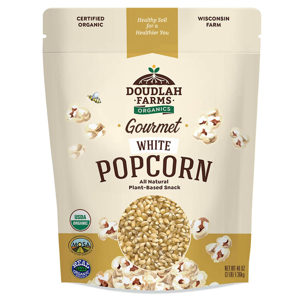 Doudlah Farms organic white popcorn kernels unpopped, ready for popping and snacking
