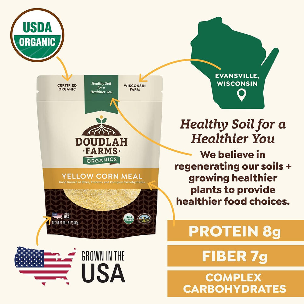 Doudlah Farms cornmeal ingredient list emphasizes clean, organic ingredients and no additives.