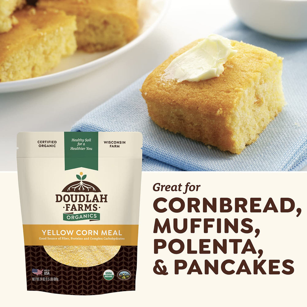 Doudlah Farms baking use image suggests cornbread, muffins, and pancakes options.