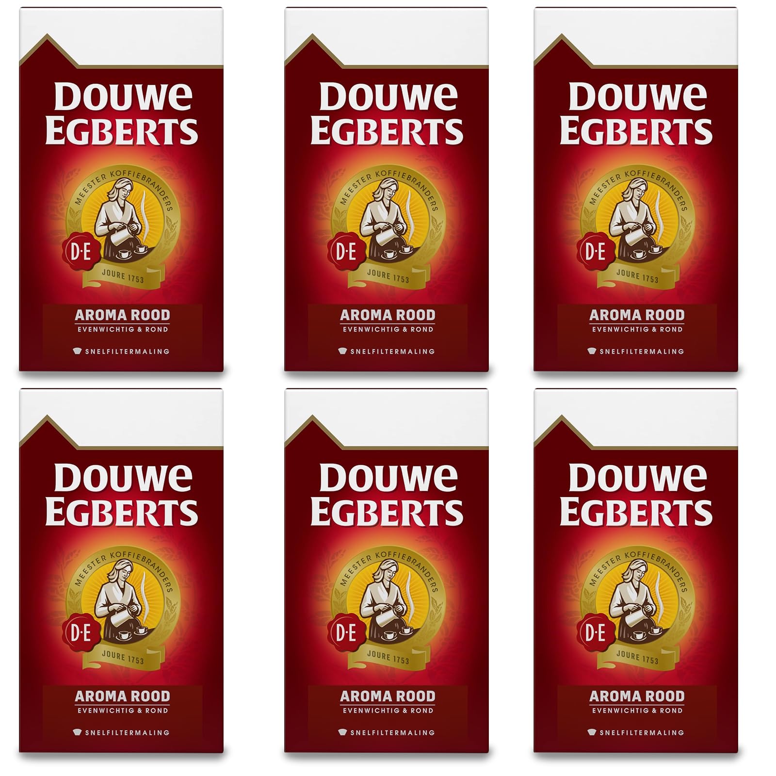 Douwe Egberts Aroma Rood ground coffee bag, versatile for drip, pour-over, and French press.