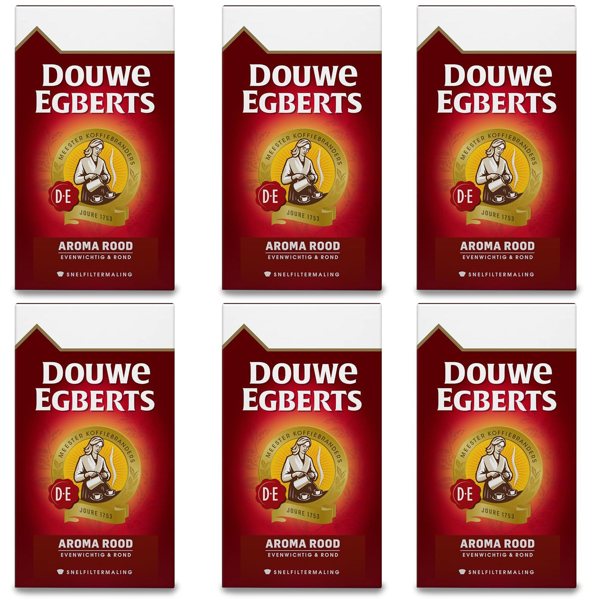 Douwe Egberts Aroma Rood ground coffee bag, versatile for drip, pour-over, and French press.