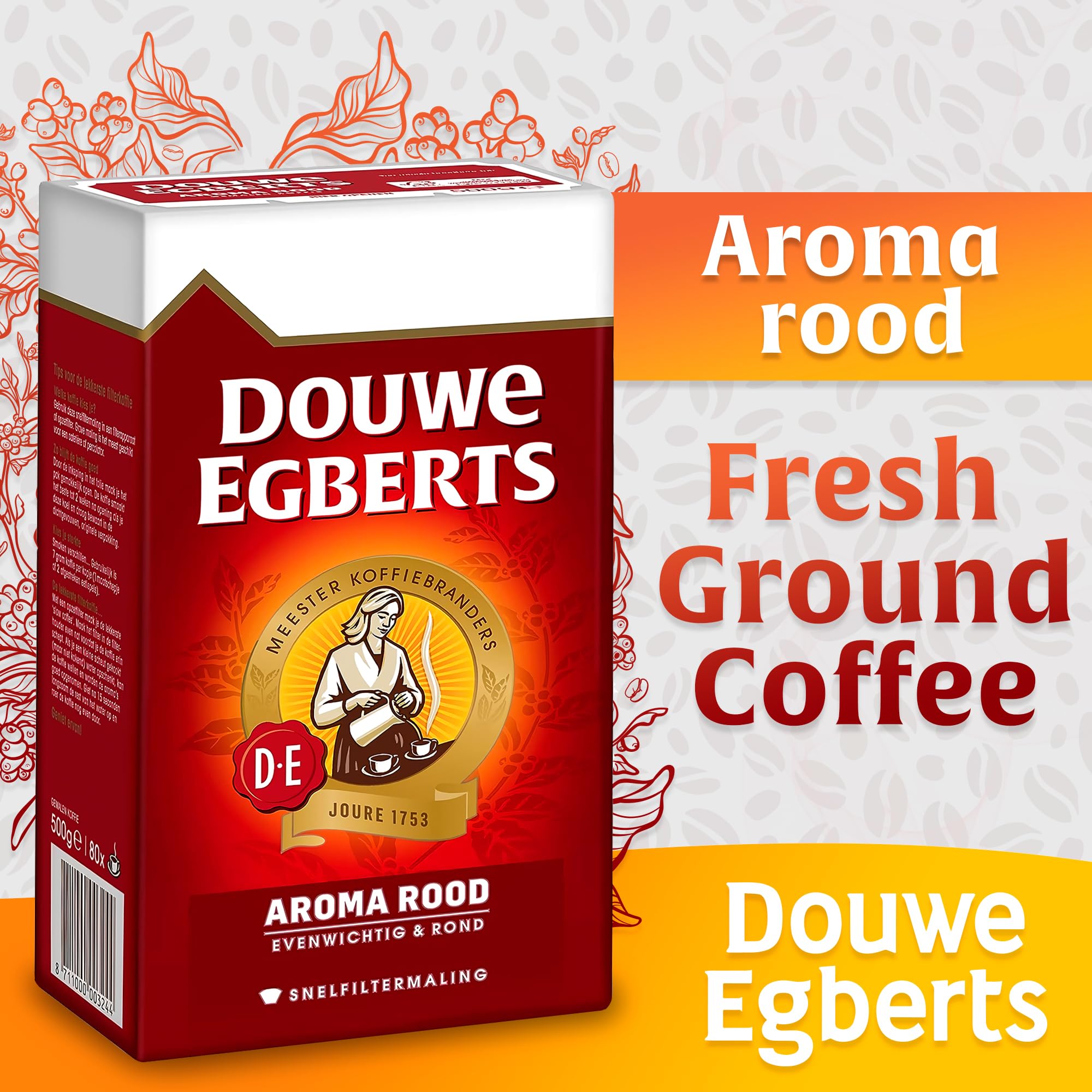 Medium-coarse ground Douwe Egberts Aroma Rood ready for all coffee makers.