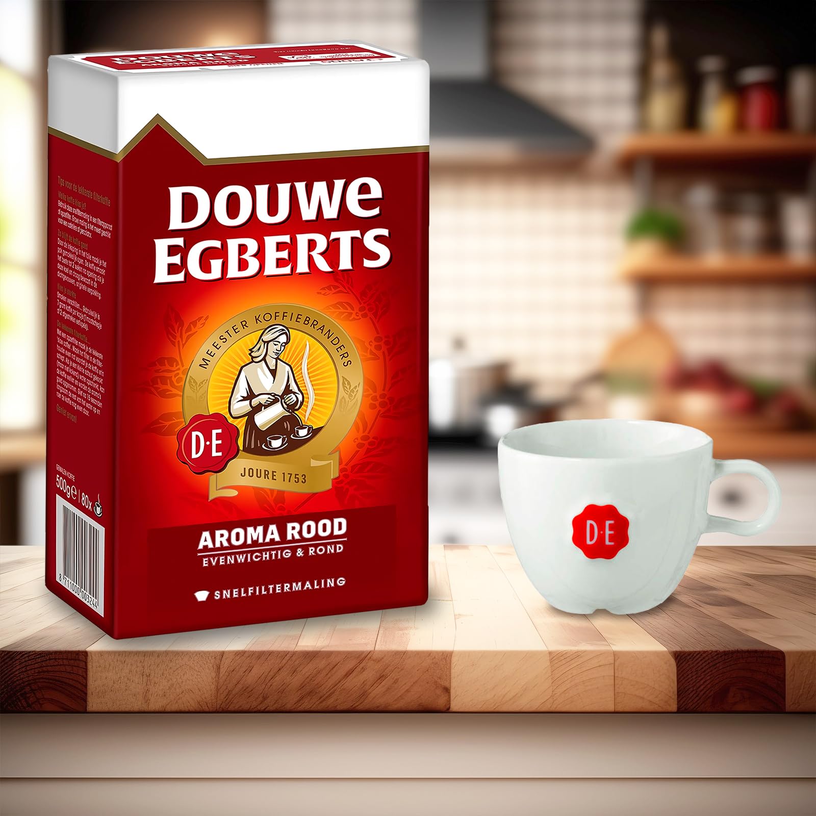 Closeup of Douwe Egberts Aroma Rood packaging showing premium Dutch heritage.