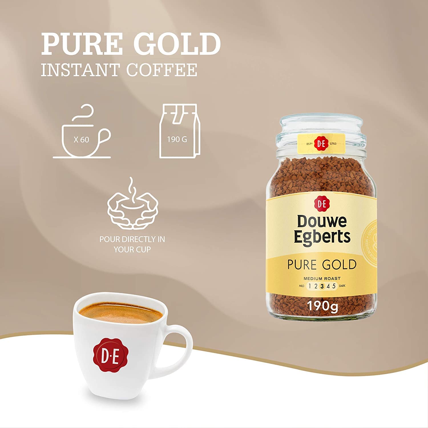 Mug of Douwe Egberts Pure Gold coffee in a cozy morning setting