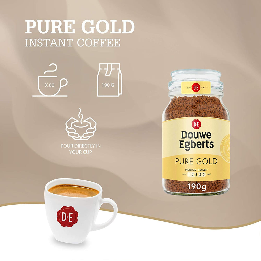 Mug of Douwe Egberts Pure Gold coffee in a cozy morning setting