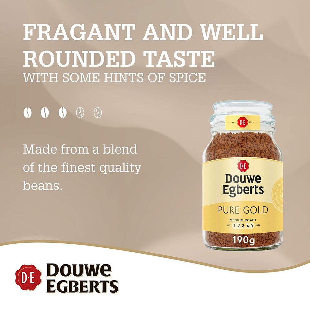 Freeze-dried Douwe Egberts Pure Gold coffee powder close-up