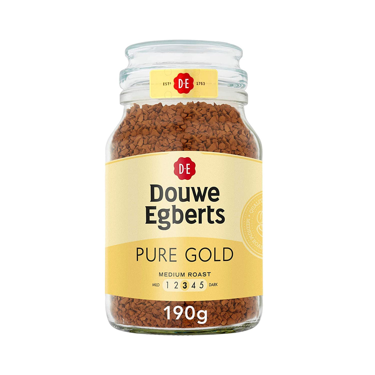 Douwe Egberts Pure Gold instant coffee can for smooth everyday energy