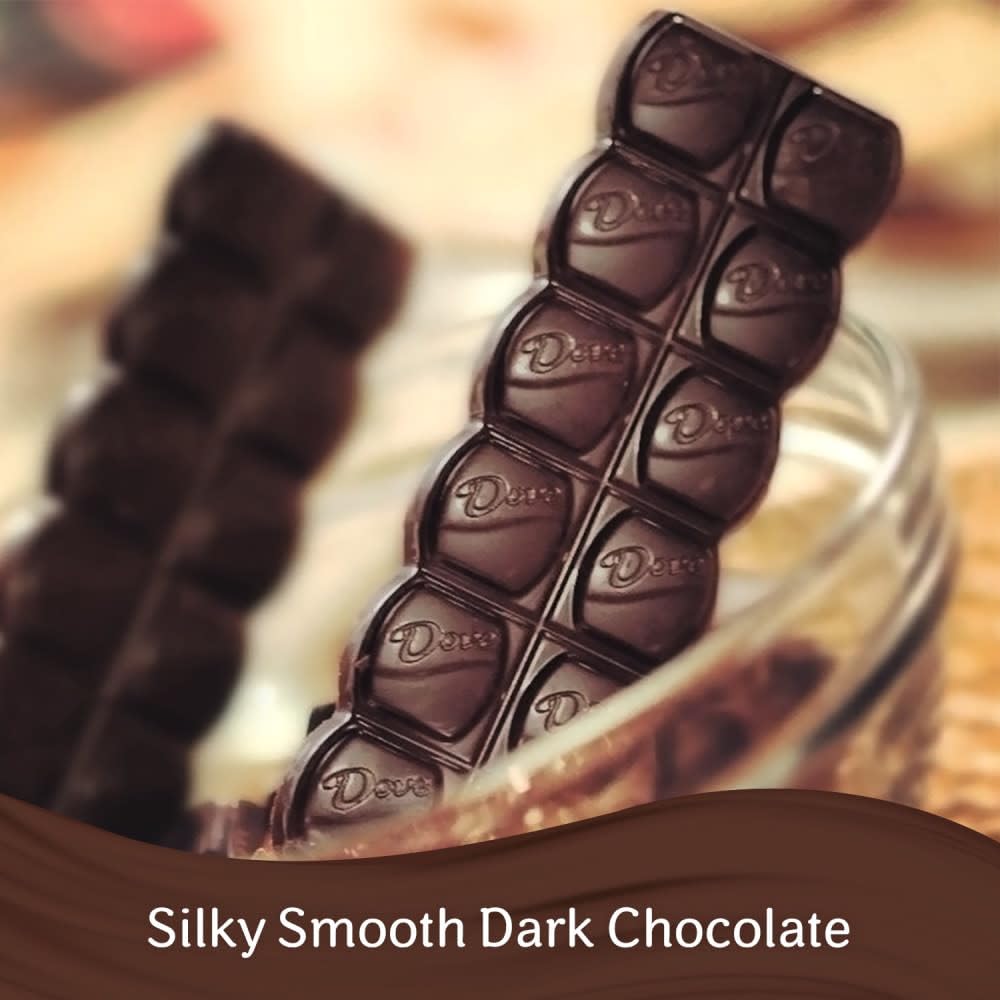 Close-up of Dove dark chocolate bar foil wrap highlighting smooth texture for desserts