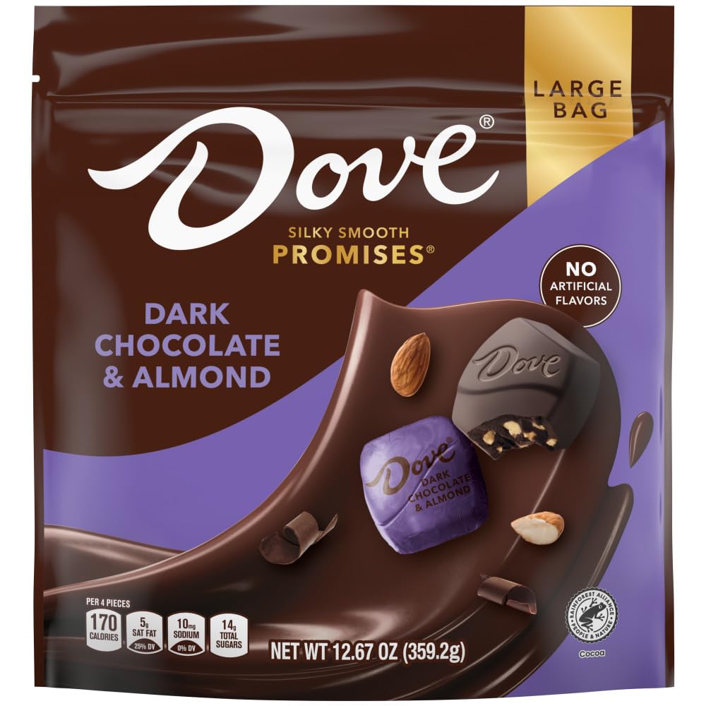 DOVE PROMISES almond and dark chocolate candies in a bag, a premium snack.