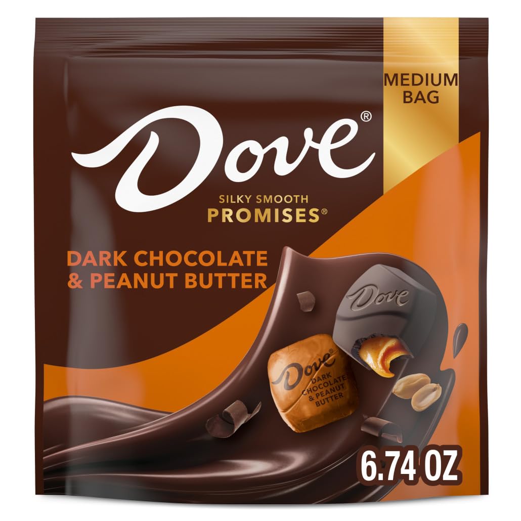 Dove Promises dark chocolate peanut butter candy bag close-up, silky texture for refined snacking