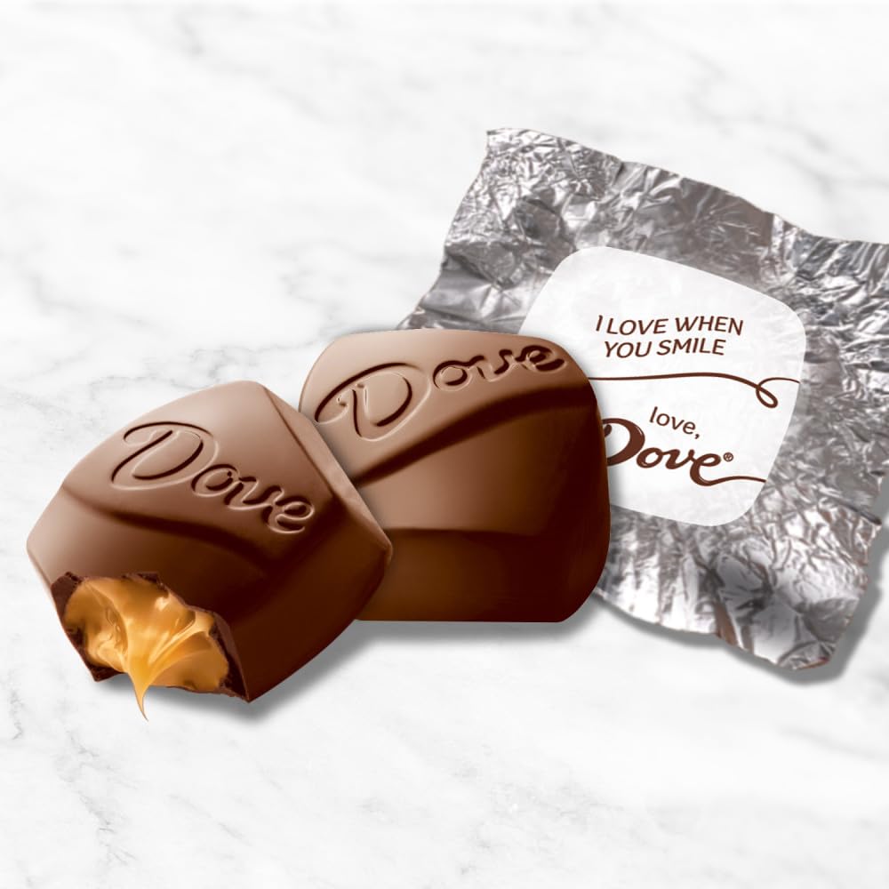 Dove Promises silky milk chocolate and caramel close-up, a luxurious treat.