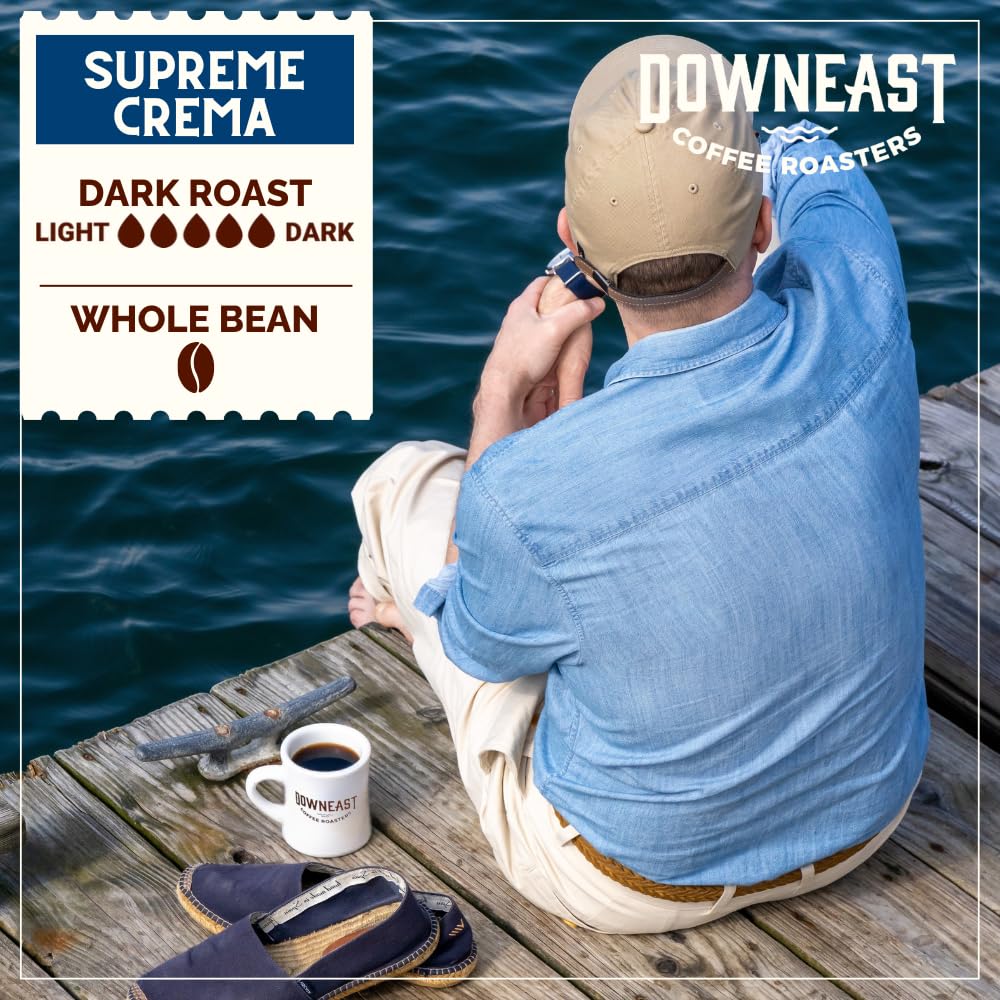 Downeast Supreme Crema Espresso beans close-up show rich color and uniform roast.