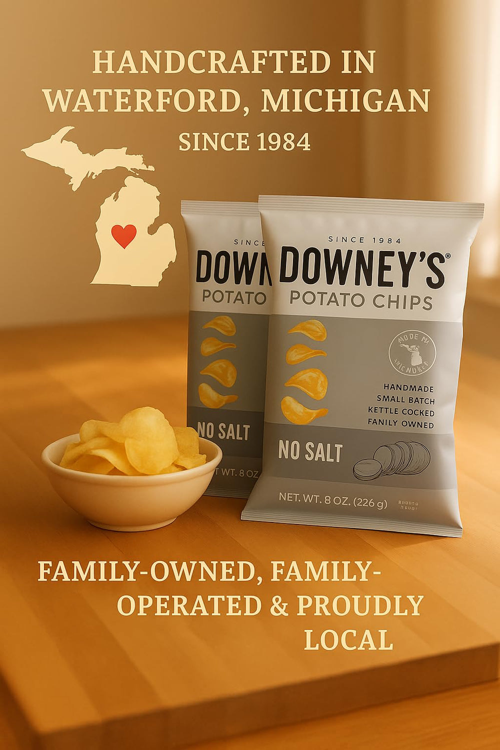 Downey's No Salt Kettle Chips close-up of handcrafted, kettle-cooked crisps.
