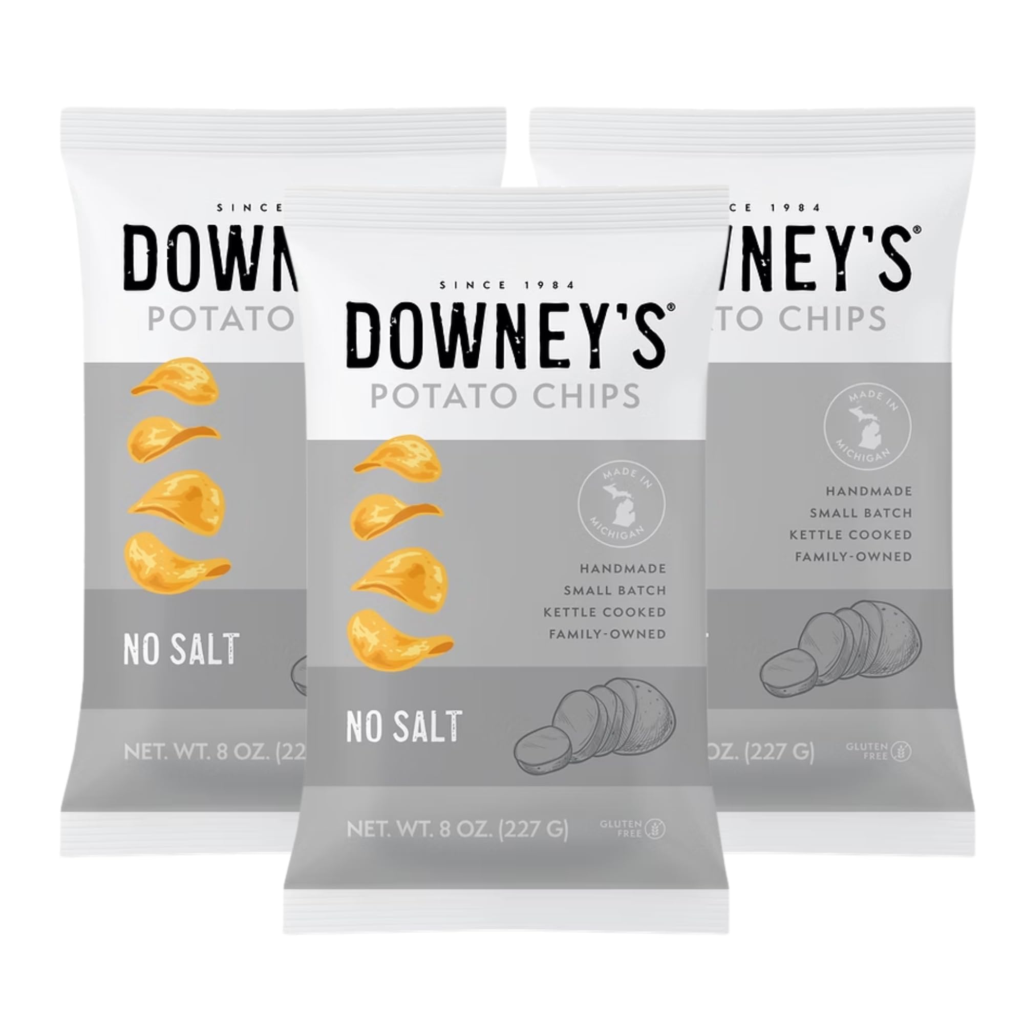 Downey's No Salt Kettle Chips packshot highlighting light, crispy texture.
