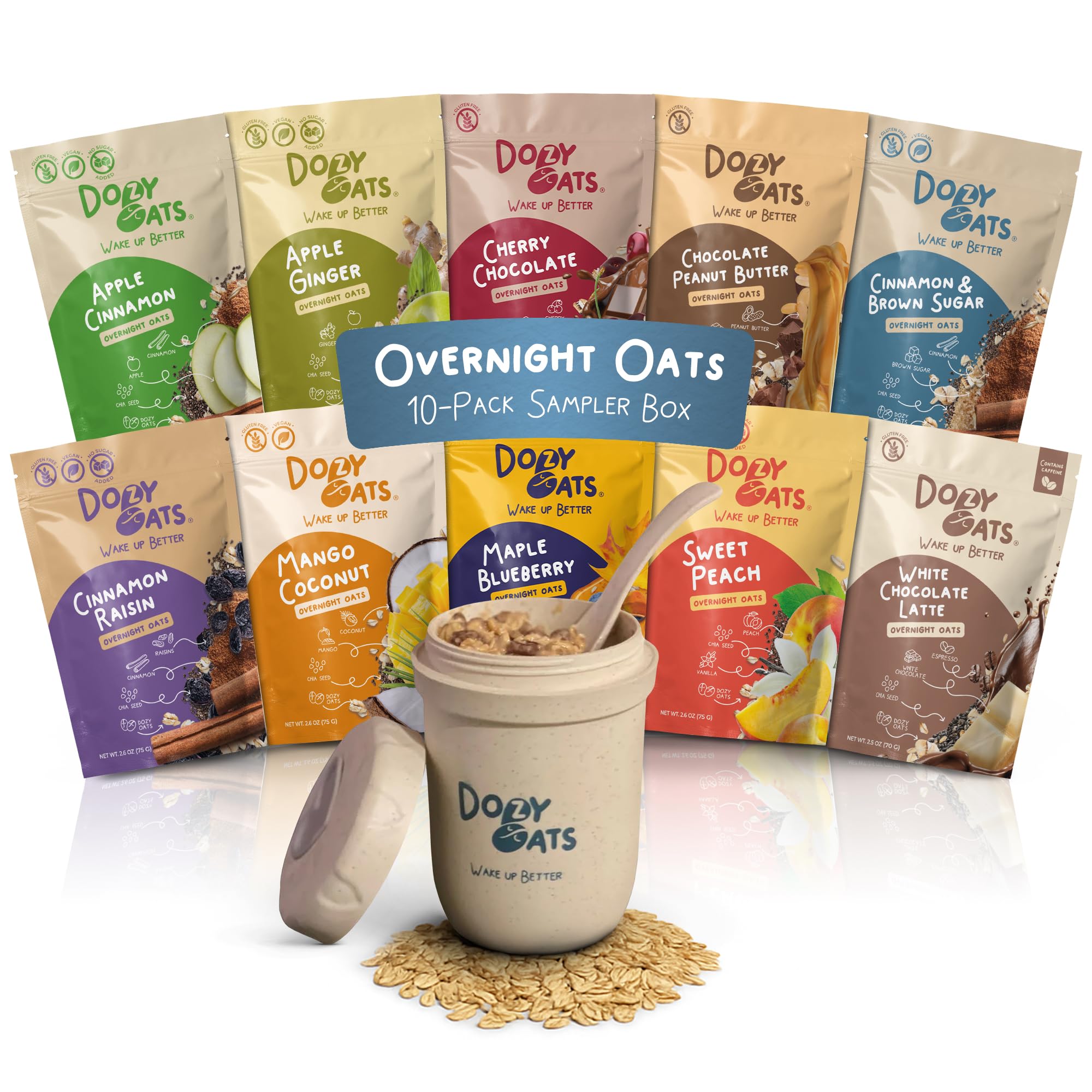 Dozy Oats sampler box with jar, grab-and-go gluten-free breakfast.